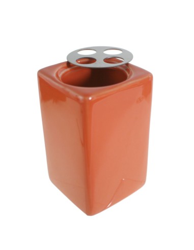Organizador Porta Cepillos de Dientes de Cerámica Color Naranja y Acero Inoxidable