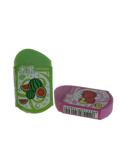 Set de gomas de borrar forma frutas color verde y rosa. Medidas: 4x2,5 cm.