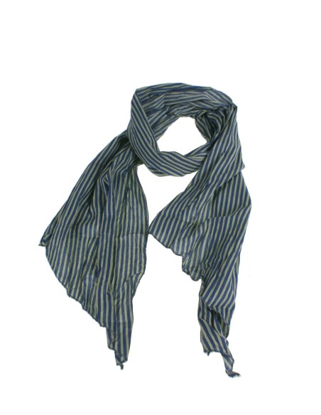 Pañuelo foulard de cuello suave estilo básico a rayas en azul y gris para regalo moda mujer. Medidas: 180x40 cm.