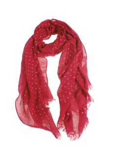 Pañuelo foulard de cuello tacto suave diseño básico color rojo estampado topos blancos regalo moda mujer. Medidas: 180x70 cm.