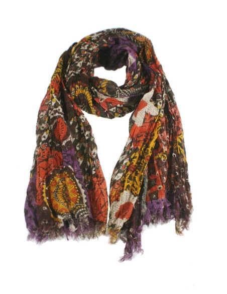 Pañuelo foulard de cuello suave estilo étnico de color marrón estampado para regalo moda mujer. Medidas: 170x85 cm.