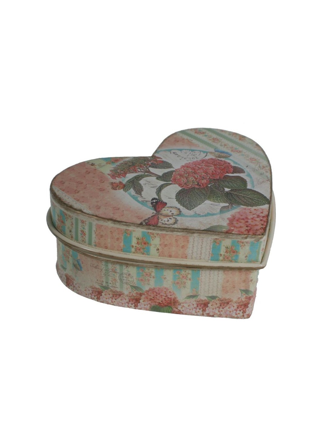 Caja joyero de metal en forma de corazón decorada con flores tonos pastel estilo vintage romántico