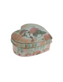 Caja joyero de metal mediana en forma de corazón decorada con flores tonos pastel estilo vintage romántico