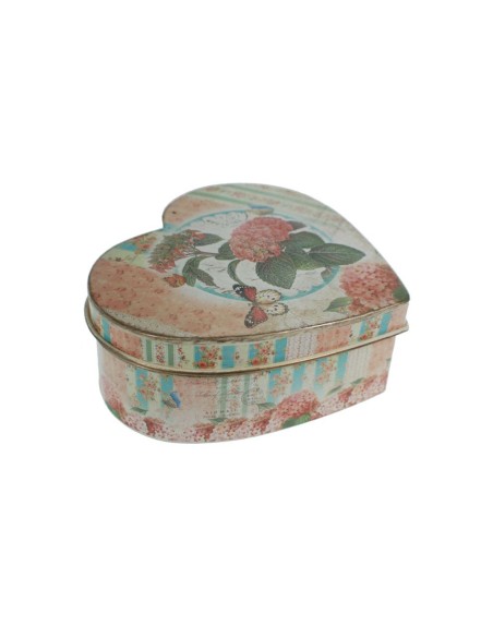 Caja mediana joyero de metal corazón decorada con flores tonos pastel estilo vintage romántico. Medidas: 16,5x20x8 cm.