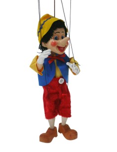 Marioneta de cuerda modelo Pinocho de madera y pintado artesanal con vestido de colores