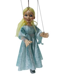 Marionnette à fils modèle princesse en bois et peinte à la main avec une robe bleue