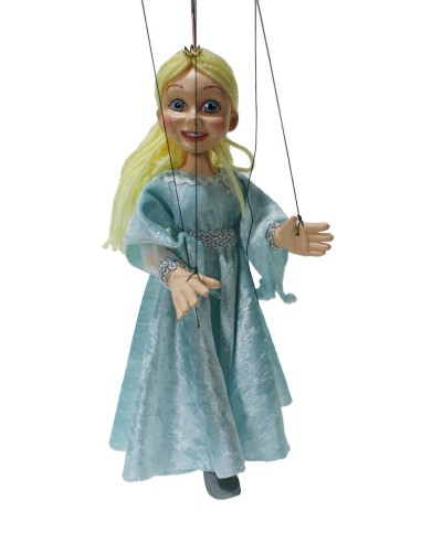 Marioneta de cuerda modelo Princesa de madera y pintada artesanal con vestido color azul.