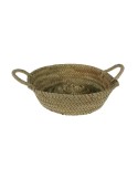 Panera o cesta artesanal redonda en fibras naturales de palma y asas en cuerda, utensilio de mesa.
