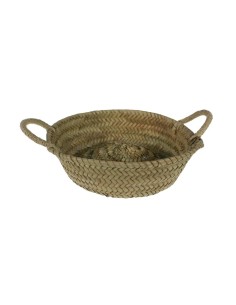 Panera o cesta artesanal redonda en fibras naturales de palma y asas en cuerda, utensilio de mesa. Medidas: 8xØ26 cm.