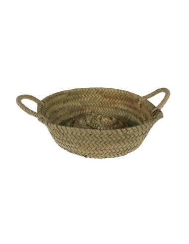 Panera o cistella artesanal rodona en fibres naturals de palmell i nanses en corda, utensili de taula. 