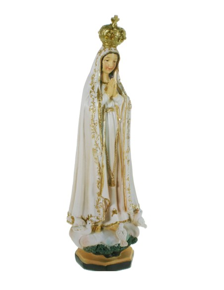 Estatua Figura religiosa de culto Virgen de Fátima de resina y pintada a mano decoración hogar. Medidas: 21 cm.