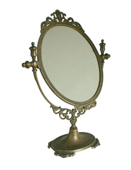 Espejo tocador ovalado sobremesa de latón envejecido decoración hogar estilo vintage rustico. Medidas: 38x26x10 cm.