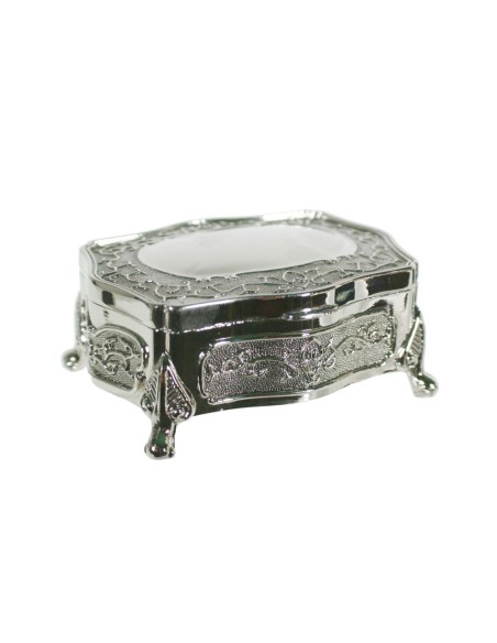 Caixa joier petita en metall polit amb adorn gravat estil vintage per tocador. Mesures: 3,5x9x7 cm.