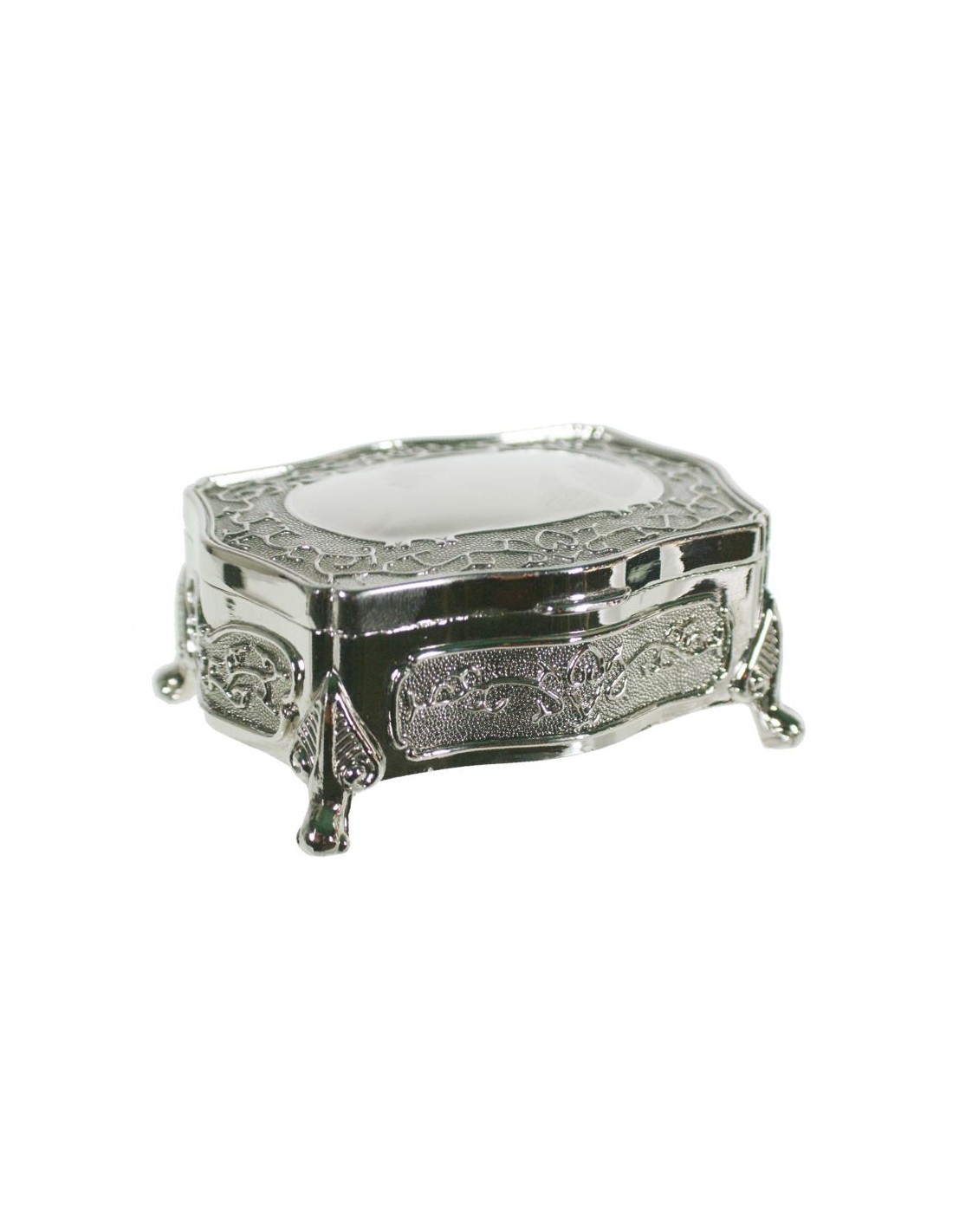 Caixa joier petita en metall polit amb adorn gravat estil vintage per tocador.