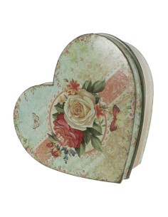 Caja joyero de metal  en forma de corazón decorada con flores tonos pastel estilo vintage romántico. Medidas:  PQ. 13,5x16x7 cm. 2