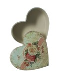 Caixa joier de metall en forma de cor decorada amb flors tons pastel estil vintage romàntic. Mesures: PQ. 13,5x16x7 cm.