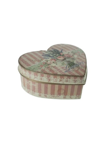 Caja joyero de metal  mediana en forma de corazón decorada con flores tonos pastel estilo vintage romántico