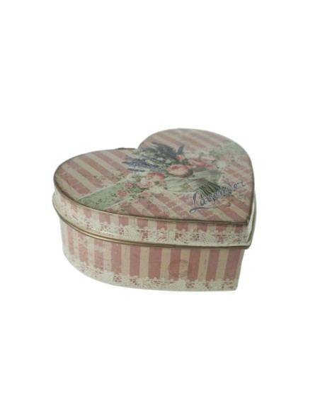 Caja mediana joyero de metal corazón decorada con flores tonos pastel estilo vintage romántico. Medidas: 16,5x20x8 cm.