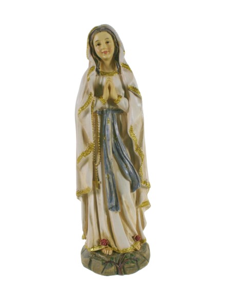 Statue figure religieuse Notre-Dame de Lourdes avec manteau léger peint à la main décoration. Dimensions : 20x5x5cm.