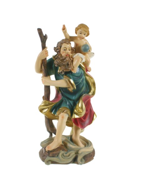 Estatua figura religiosa de culto San Cristóbal en resina pintada a mano decoración hogar. Medidas: 20x7x9 cm.