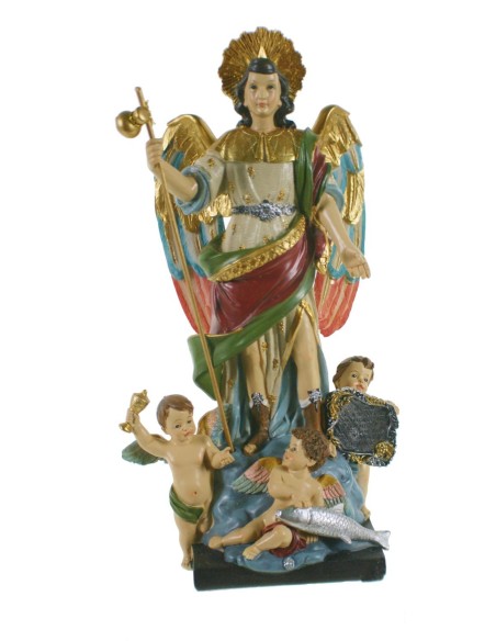 Estatua figura religiosa de culto de San Rafael Arcángel pintada a mano decoración hogar. Medidas: 26 x9x13 cm.