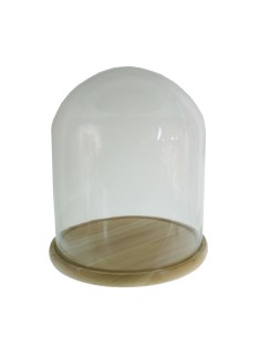 Cúpula campana de cristal ancha con base de madera para exposición de objetos decorativos. Medidas: 40xØ34 cm.