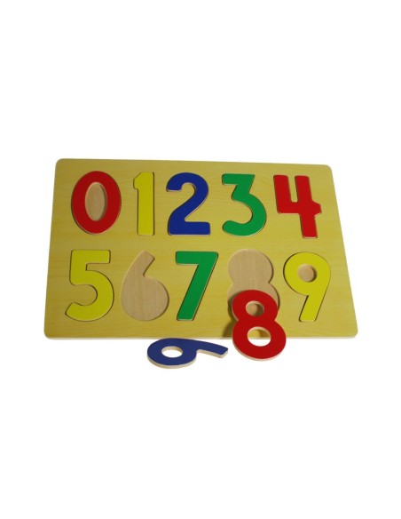Puzle números de fusta per encaixar joc educatiu infantil per aprendre els números del 0 al 9. Mides: 1x22x32 cm.