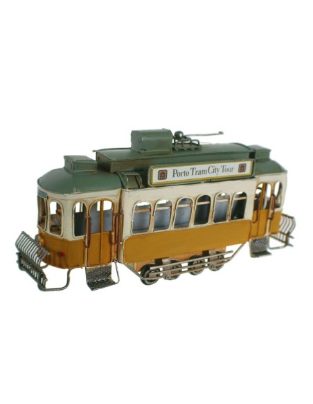 Tranvía de metal color amarillo replica retro vehículo para coleccionista y decoración hogar. Medidas: 14x27x7 cm.