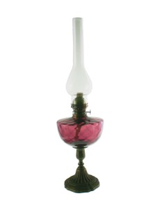 Quinqué palmatòria de color lila amb base de metall i tulipa de vidre decoració vintage llum d'oli.