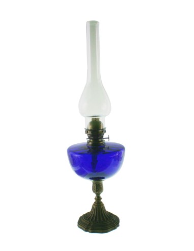 Lampe à bougie bleue avec base en métal et abat-jour en verre à décor de lampe à huile vintage