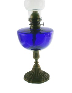 Quinqué palmatoria de color azul con base de metal y tulipa de vidrio decoración vintage lámpara de aceite. 2