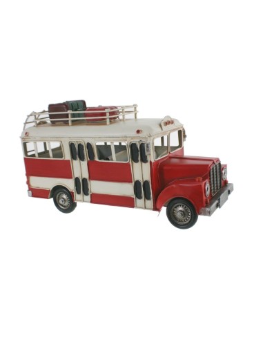 Réplique de style rétro bus en métal blanc et rouge pour les collectionneurs et la décoration intérieure.
