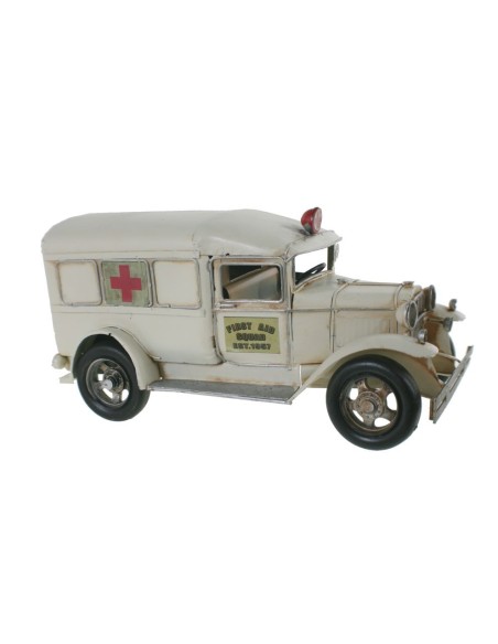 Ambulancia de metal color blanco vehículo estilo retro réplica para coleccionistas y decoración hogar. Medidas: 16x36x14 cm.