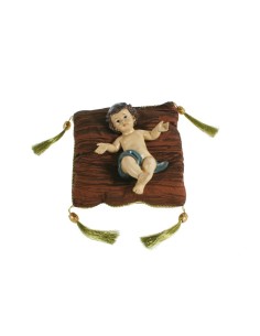 Nen Jesús a coixí figura religiosa de resina pintada a mà decoració llar i Nadalenca. Mides: 20x20 cm.