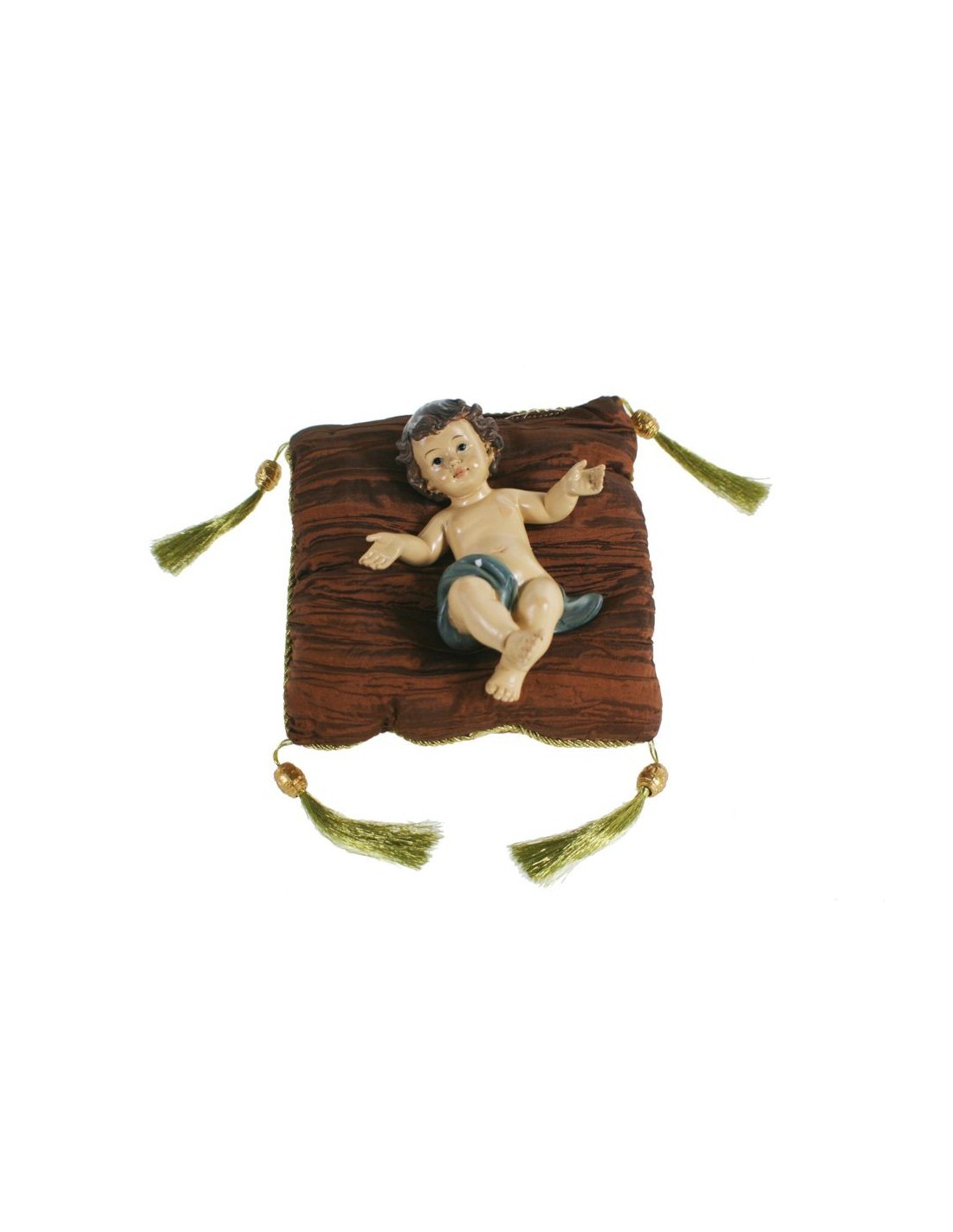 Niño Jesús en cojín figura religiosa de resina pintada a mano decoración hogar y Navideña. Medidas: 20x20 cm.