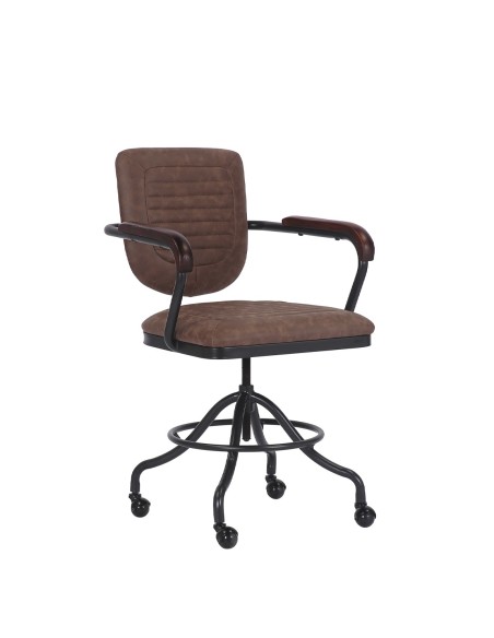 Silla de oficina con altura regulable en metal y cuero y reposabrazos silla escritorio con ruedas vintage. Medidas: 83x60x58 cm.