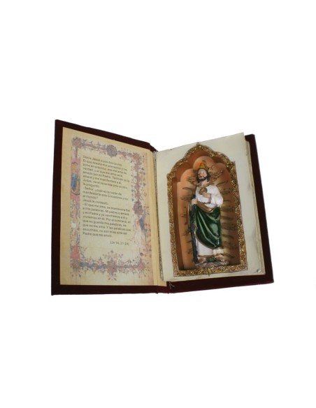 San Judas Tadeo en libro con tapas de vinilo de terciopelo figura interior pintado a mano. Medidas: 4x12, 5x18 cm.