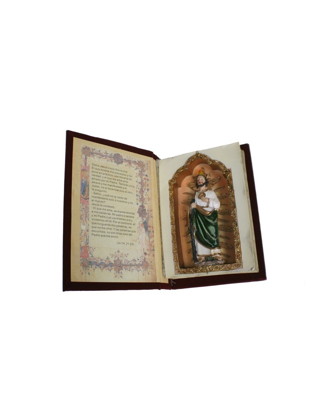 San Judas Tadeo en libro con tapas de vinilo de terciopelo figura interior pintado a mano.