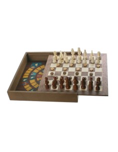 Set de juegos 5 en 1 en caja de madera con fichas incluidas juego familiar de mesa. Medidas caja: 30x30 cm.