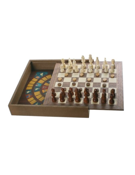 Set de jocs 5 a 1 en caixa de fusta amb fitxes incloses joc familiar de taula. Mides caixa: 30x30 cm.