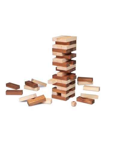Tour d'équilibre en bois naturel bicolore, un jeu d'adresse et de stratégie.