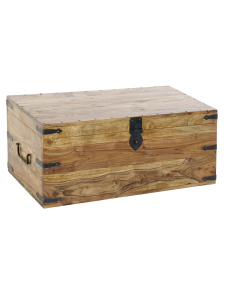 Baúl arcón madera maciza acacia natural y barnizada con herrajes almacenaje decoración hogar rústico. Medidas: 34x79x39 cm.