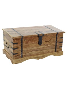 Baúl arcón madera maciza de acacia natural barnizada con herrajes almacenaje decoración hogar rústico. Medidas: 40x90x40 cm.