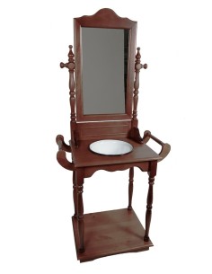Palanganero fusta massissa envernissada amb palangana i mirall, decoració clàssica moble auxiliar. Mides: 172x77x47 cm.