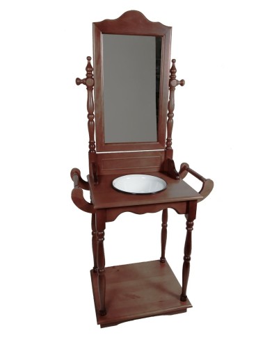 Palanganero  madera maciza barnizada con palangana y espejo, decoración clásica mueble auxiliar.