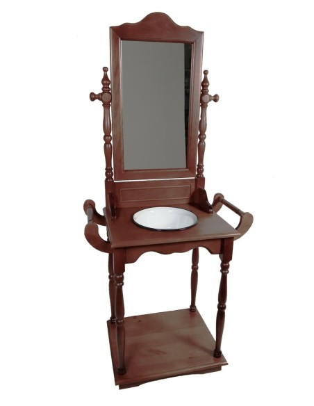 Palanganero madera maciza barnizada con palangana y espejo, decoración clásica mueble auxiliar. Medidas: 172x77x47 cm.