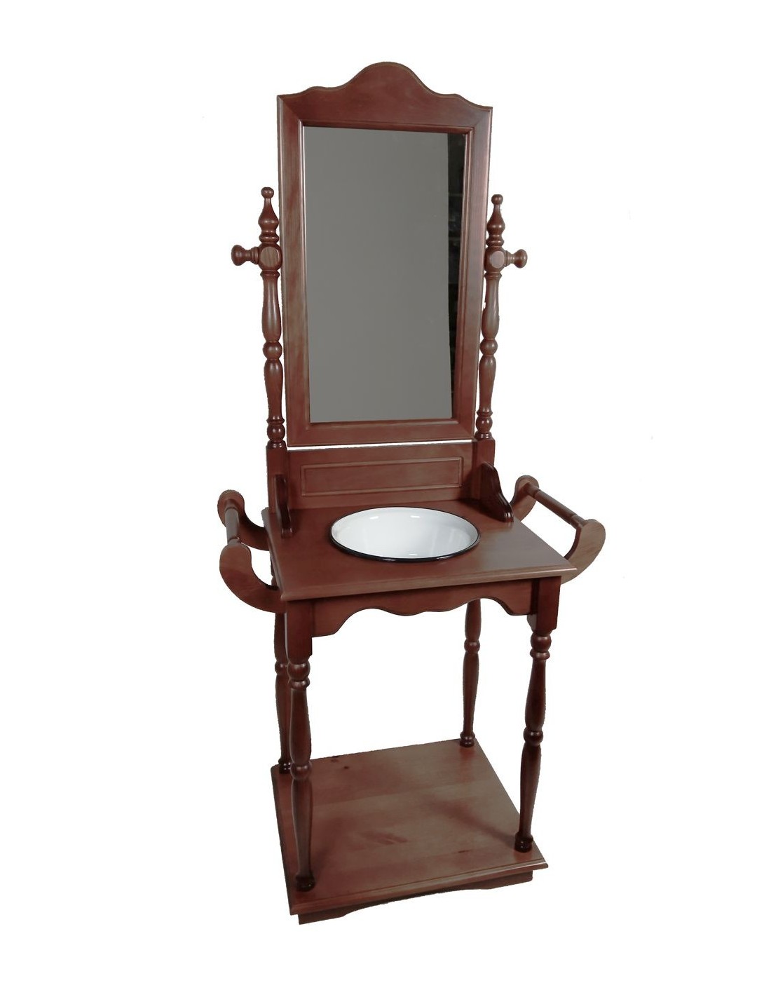 Palanganero madera maciza barnizada con palangana y espejo, decoración clásica mueble auxiliar.