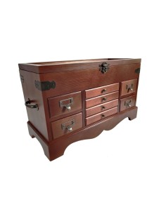 Boîte à couture en bois massif avec plateau amovible et tiroirs de style vintage couleur noisette.
