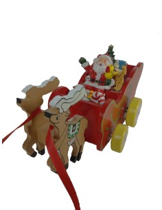 Reloj de música carroza navideña de color rojo con renos y Papa Noel, juguete musical de cuerda. Medidas: 13x25x11 cm.