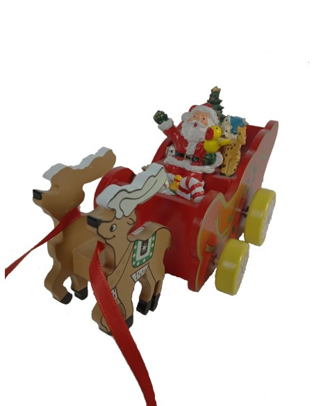 Reloj de música carroza navideña de color rojo con renos y Papa Noel, juguete musical de cuerda. Medidas: 13x25x11 cm.
